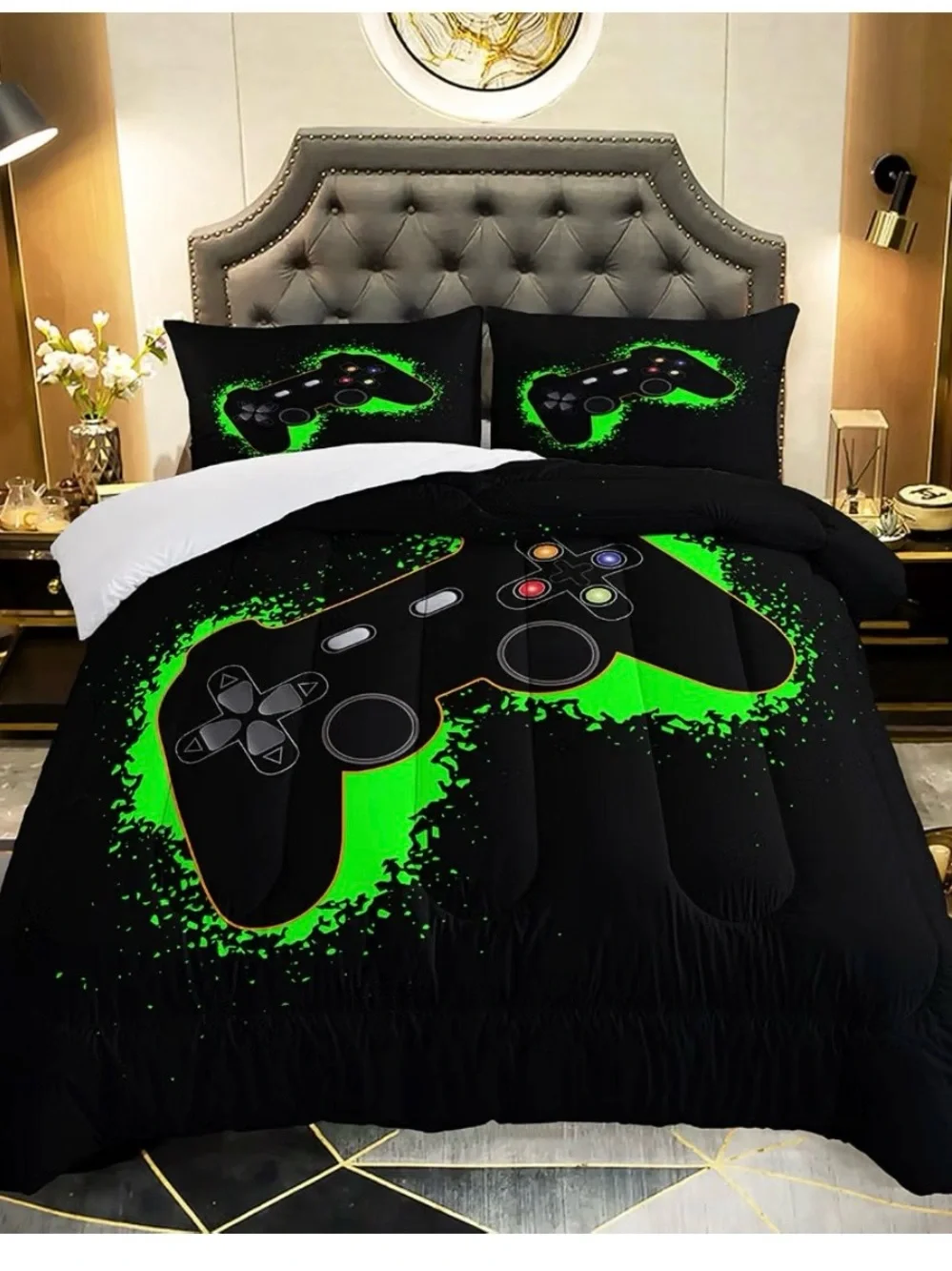 Twin Gaming Controller Comforter Set - Black & Green